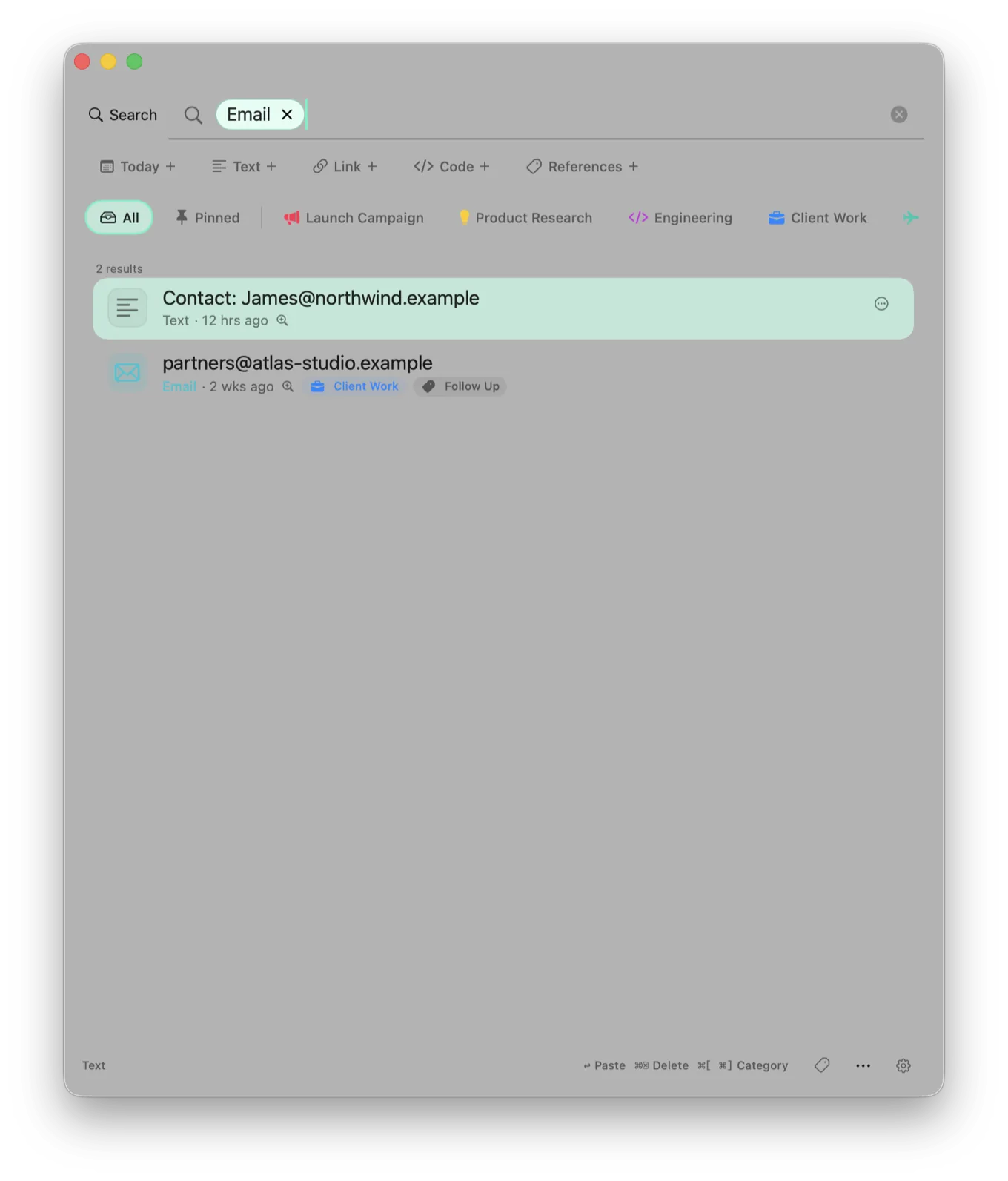 Smart search filtered to Email, surfacing the two matching clips.